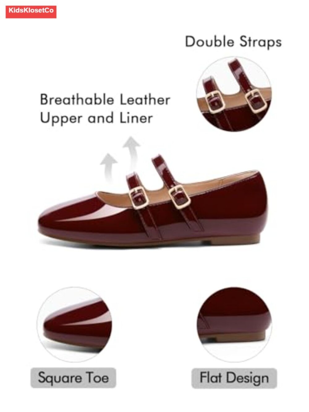 Girls Mary Jane Dress Shoes Double Strap Square Toe Flats - Picture 5 of 6